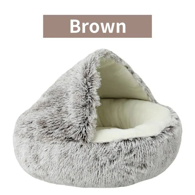 2-in-1 Round Plush Covered Pet Bed and Cave Nest