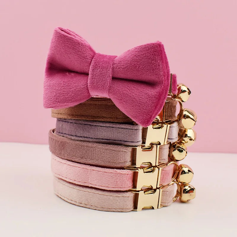 Personalized Velvet Cat Collar with Bow Tie and Name Plate