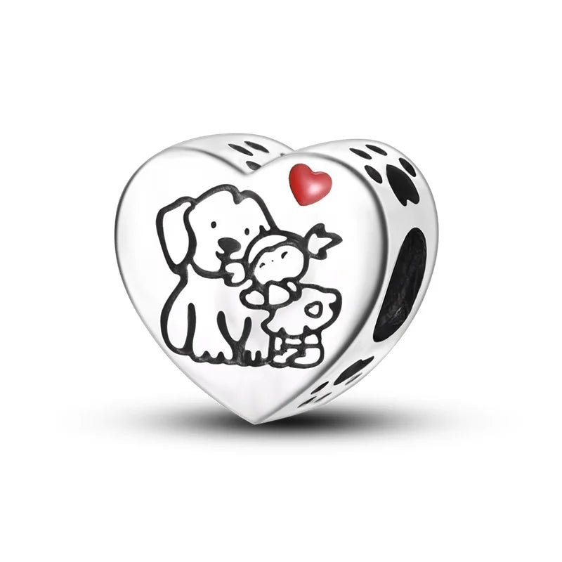 925 Silver Pink Zircon Heart Dog Claw Charm for Bracelets