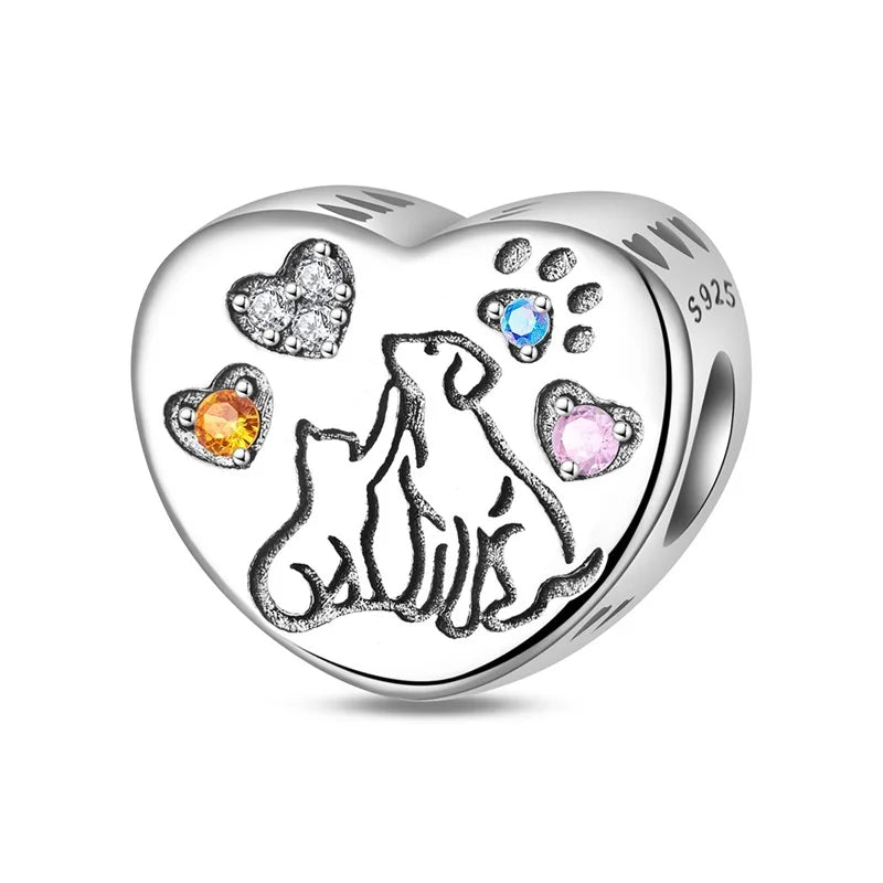 925 Silver Pink Zircon Heart Dog Claw Charm for Bracelets