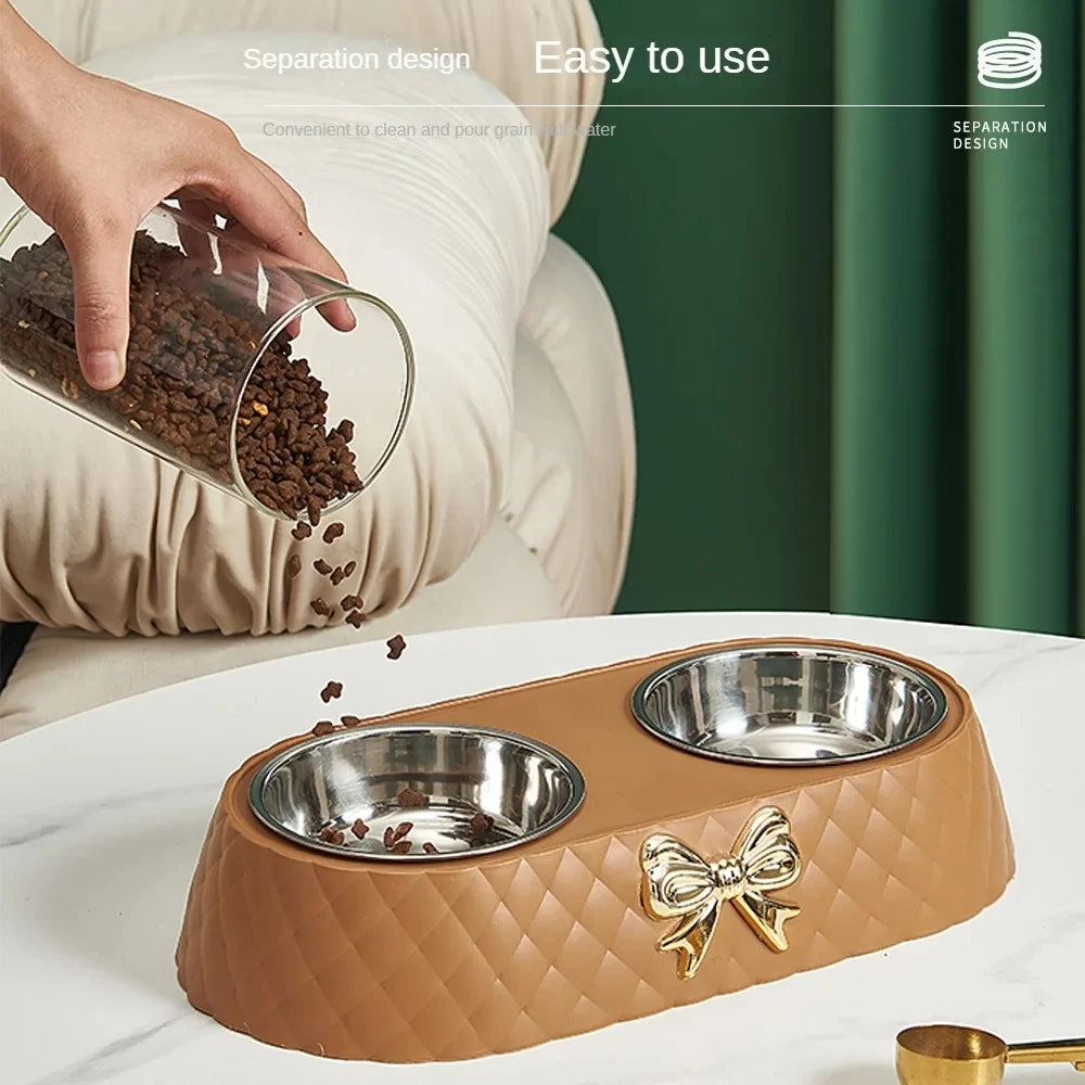 Stainless Steel Double Pet Feeding Bowl with Bowknot PP Base