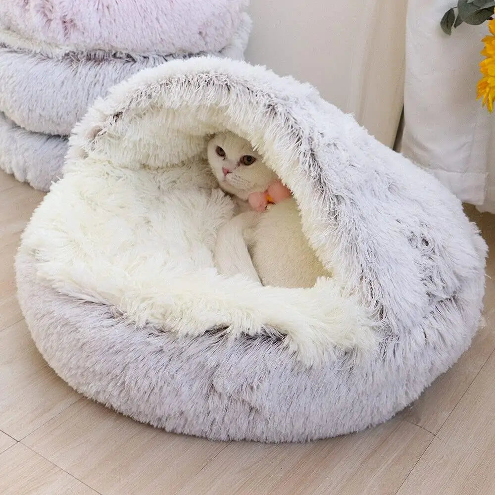 2-in-1 Round Plush Covered Pet Bed and Cave Nest