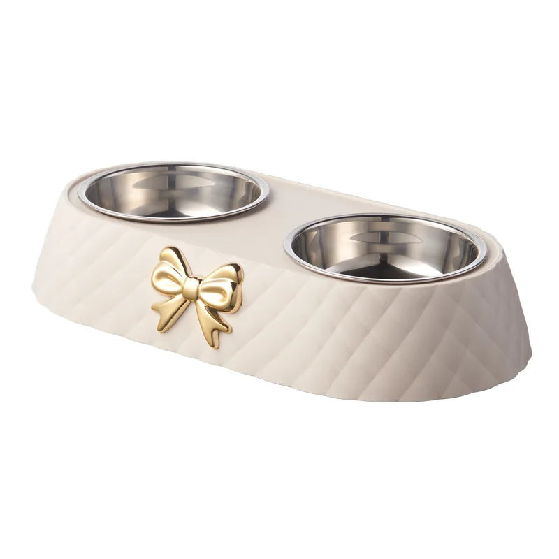 Stainless Steel Double Pet Feeding Bowl with Bowknot PP Base