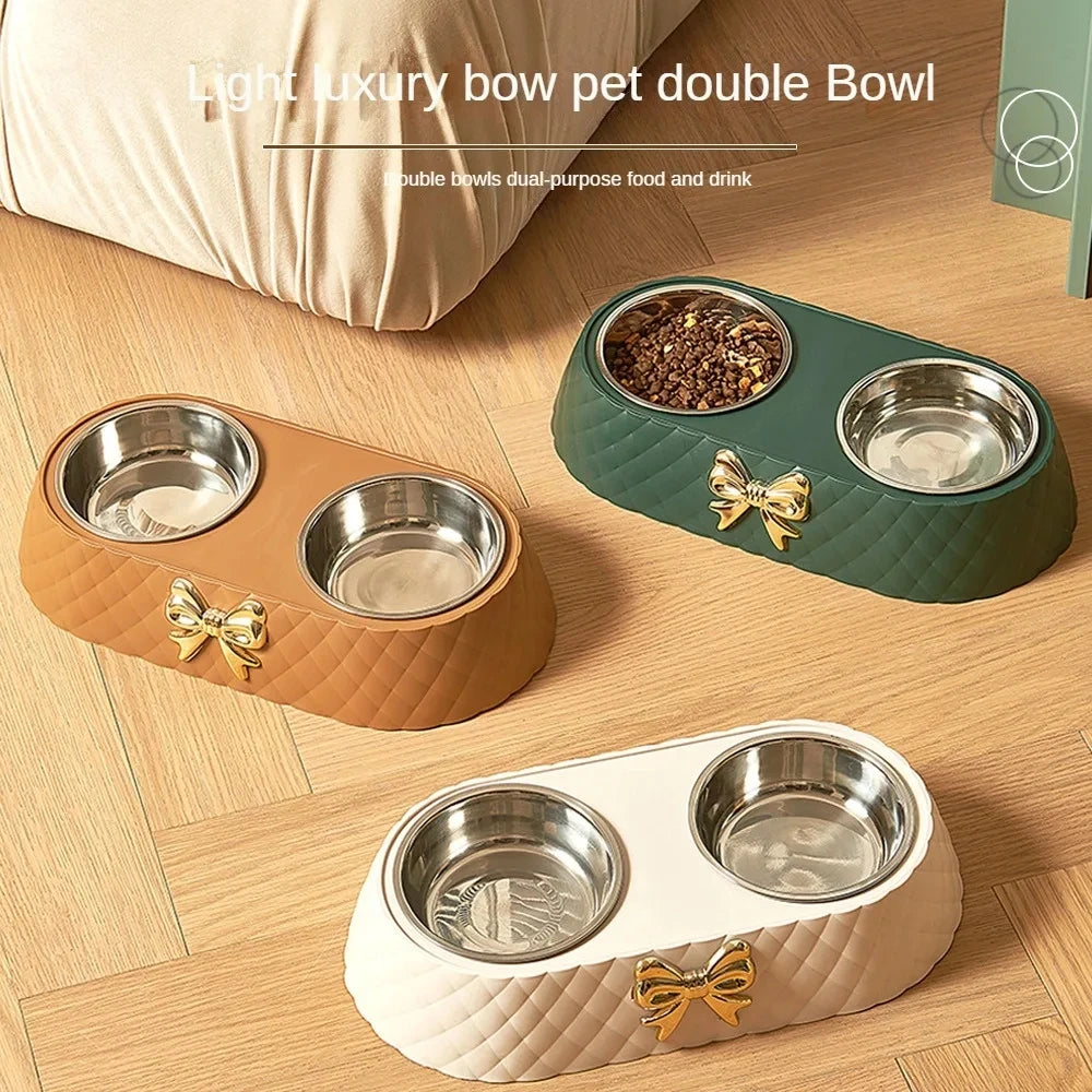 Stainless Steel Double Pet Feeding Bowl with Bowknot PP Base