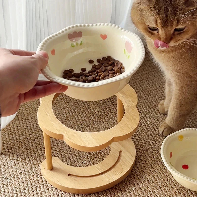 Elevated Wooden Frame Ceramic Pet Bowl