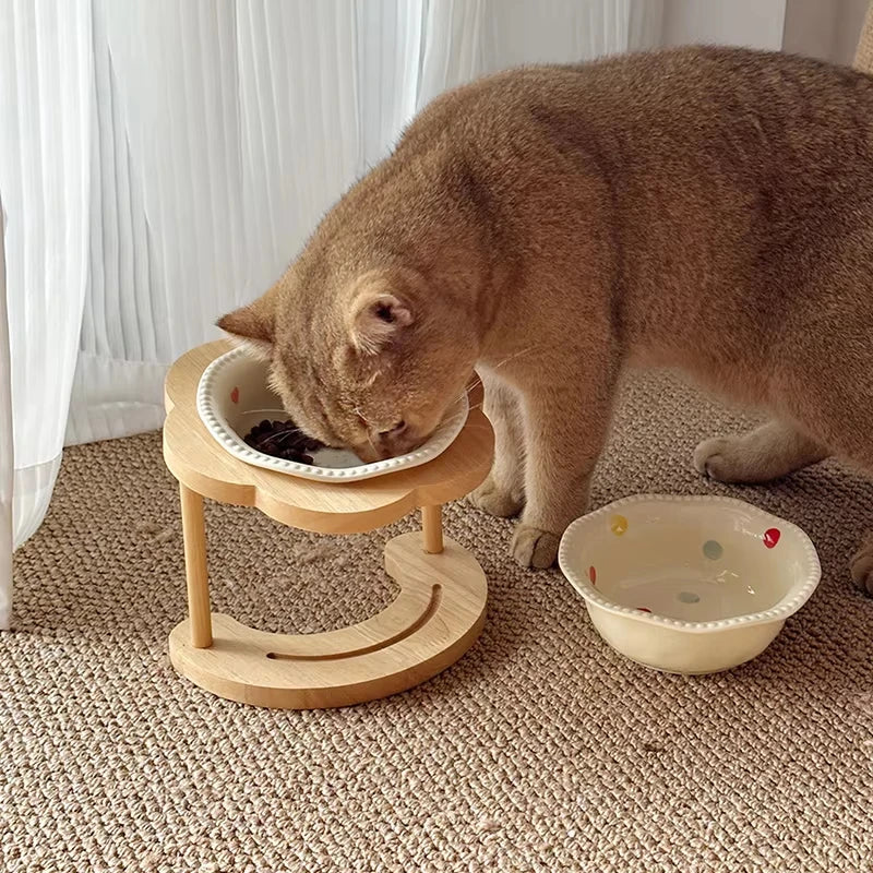 Elevated Wooden Frame Ceramic Pet Bowl