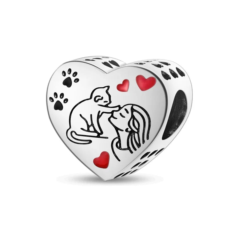 925 Silver Pink Zircon Heart Dog Claw Charm for Bracelets
