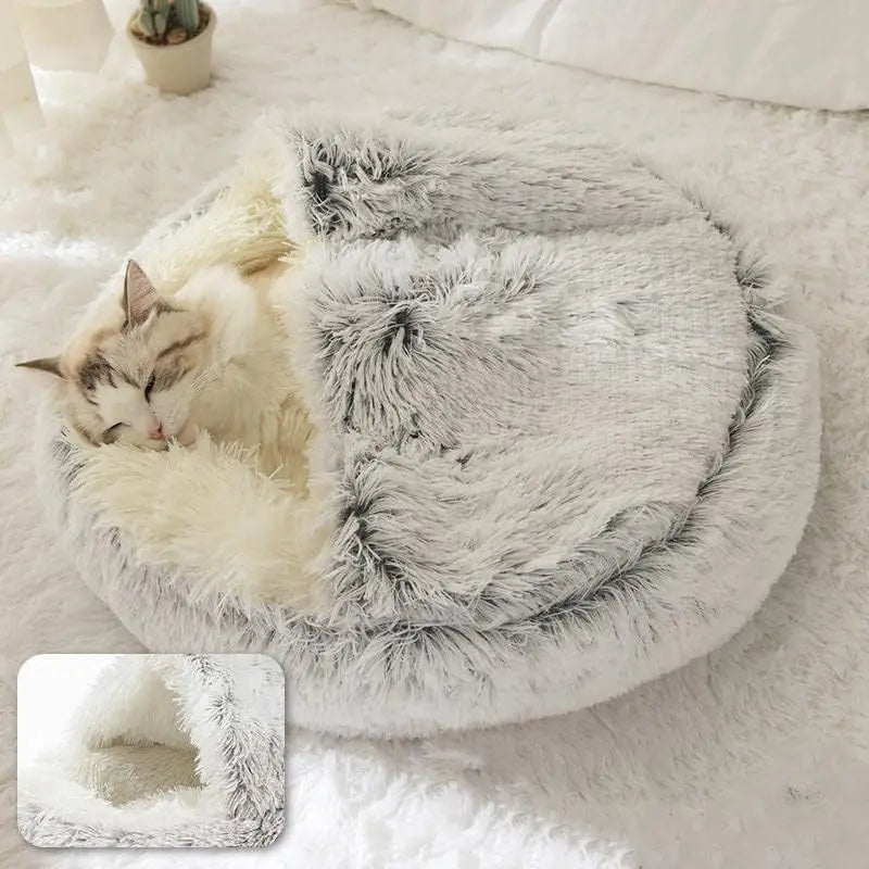 2-in-1 Round Plush Covered Pet Bed and Cave Nest