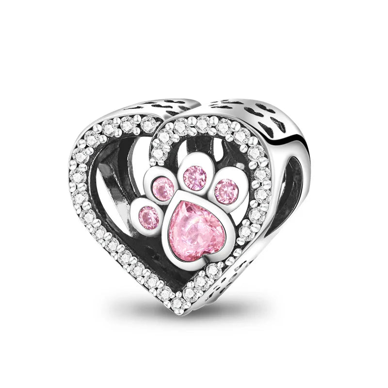925 Silver Pink Zircon Heart Dog Claw Charm for Bracelets