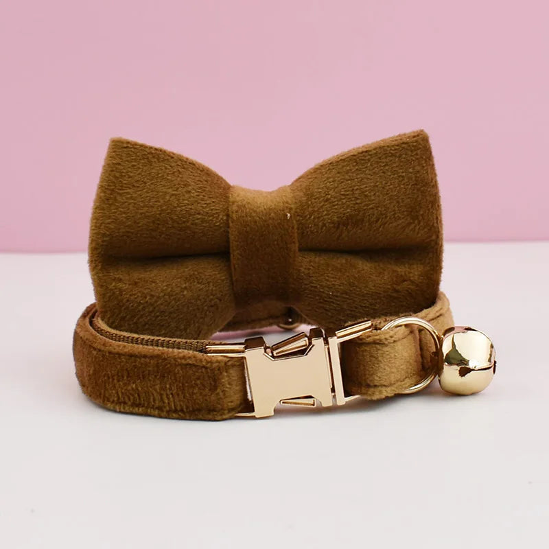 Personalized Velvet Cat Collar with Bow Tie and Name Plate