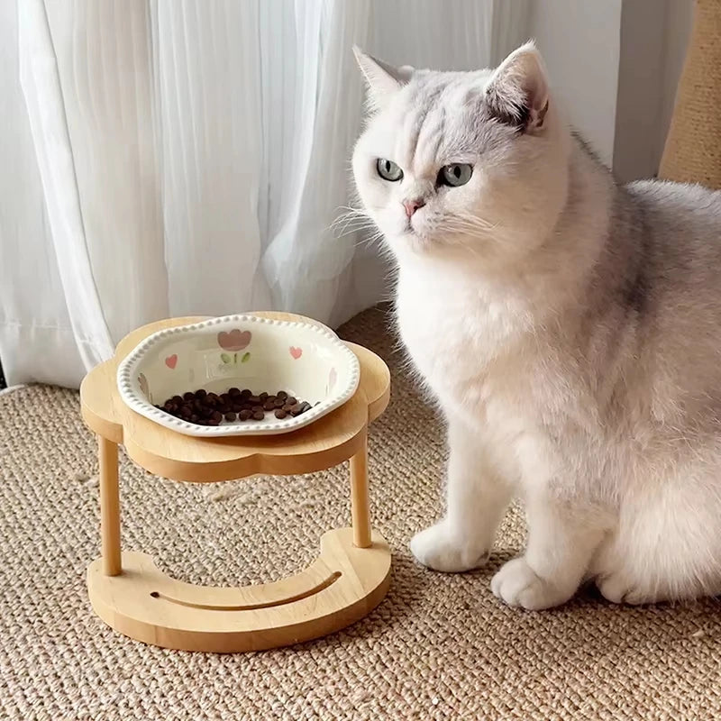 Elevated Wooden Frame Ceramic Pet Bowl