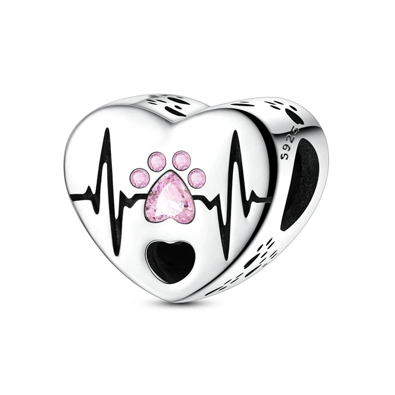 925 Silver Pink Zircon Heart Dog Claw Charm for Bracelets
