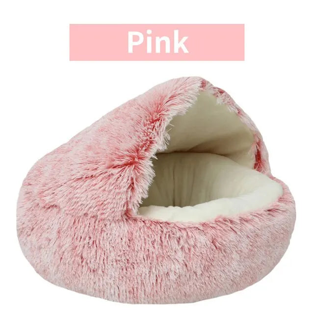 2-in-1 Round Plush Covered Pet Bed and Cave Nest