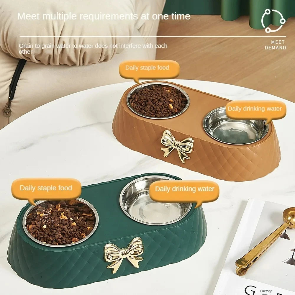 Stainless Steel Double Pet Feeding Bowl with Bowknot PP Base