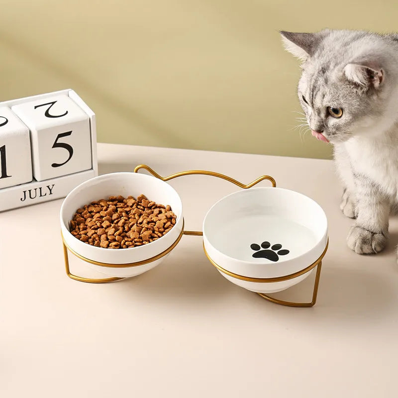 Ceramic Double Cat Bowl with Cervical Protection
