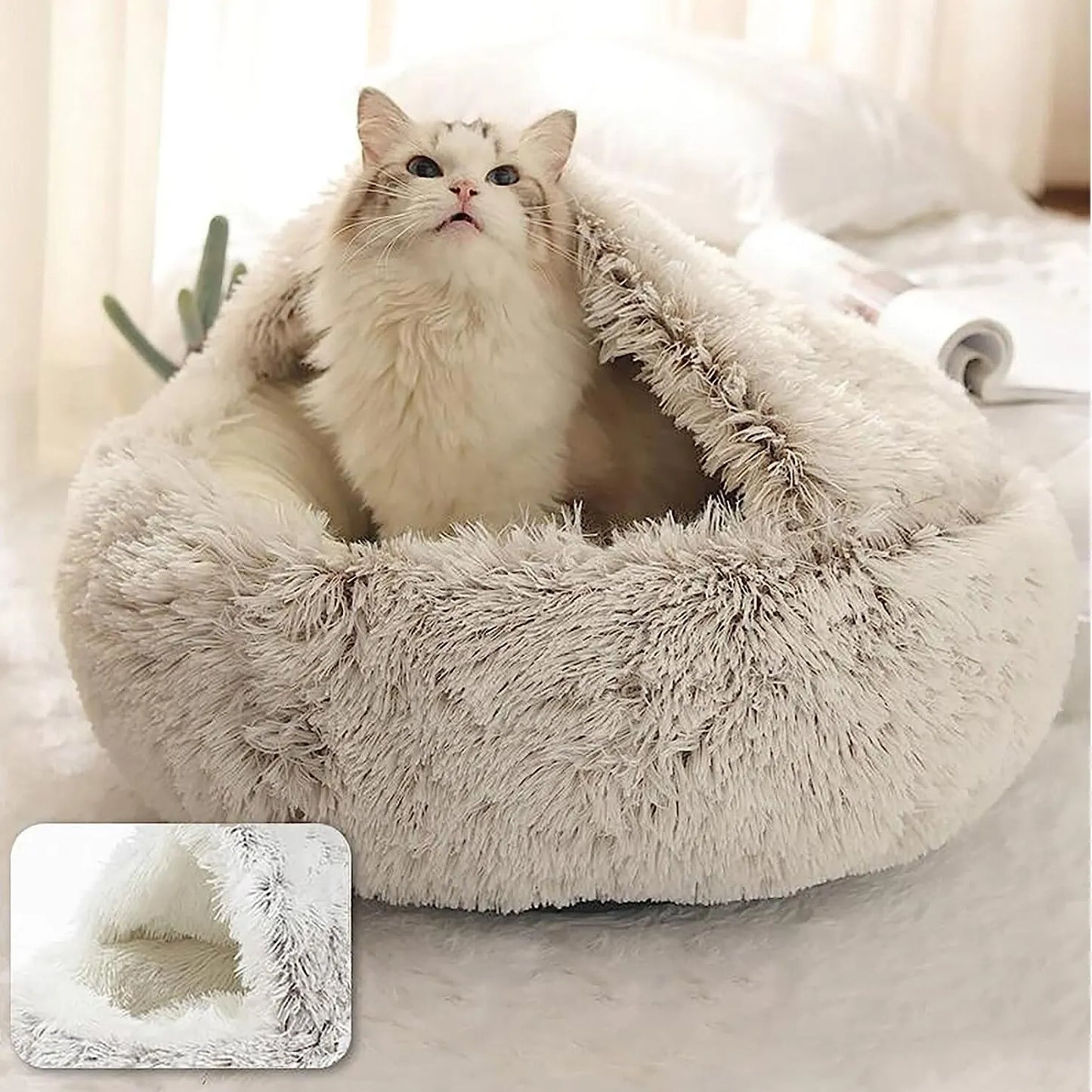 2-in-1 Round Plush Covered Pet Bed and Cave Nest