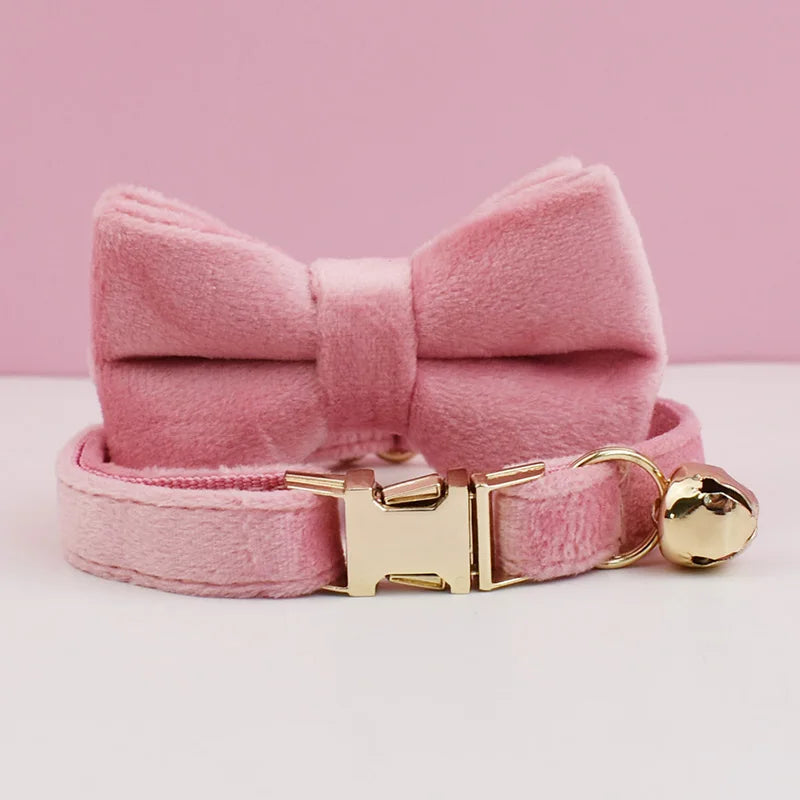 Personalized Velvet Cat Collar with Bow Tie and Name Plate