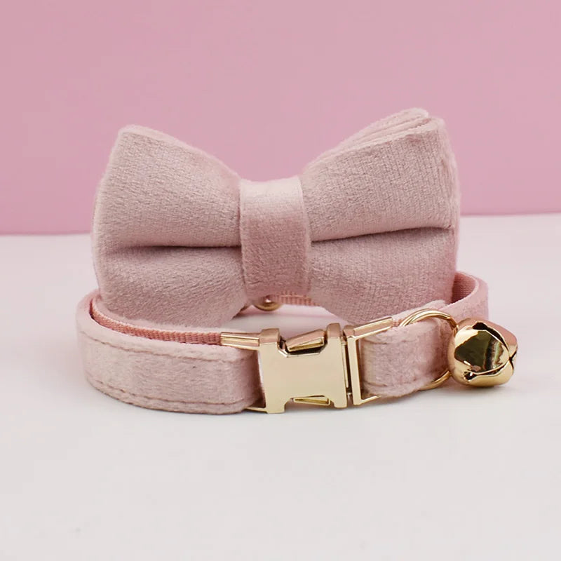 Personalized Velvet Cat Collar with Bow Tie and Name Plate