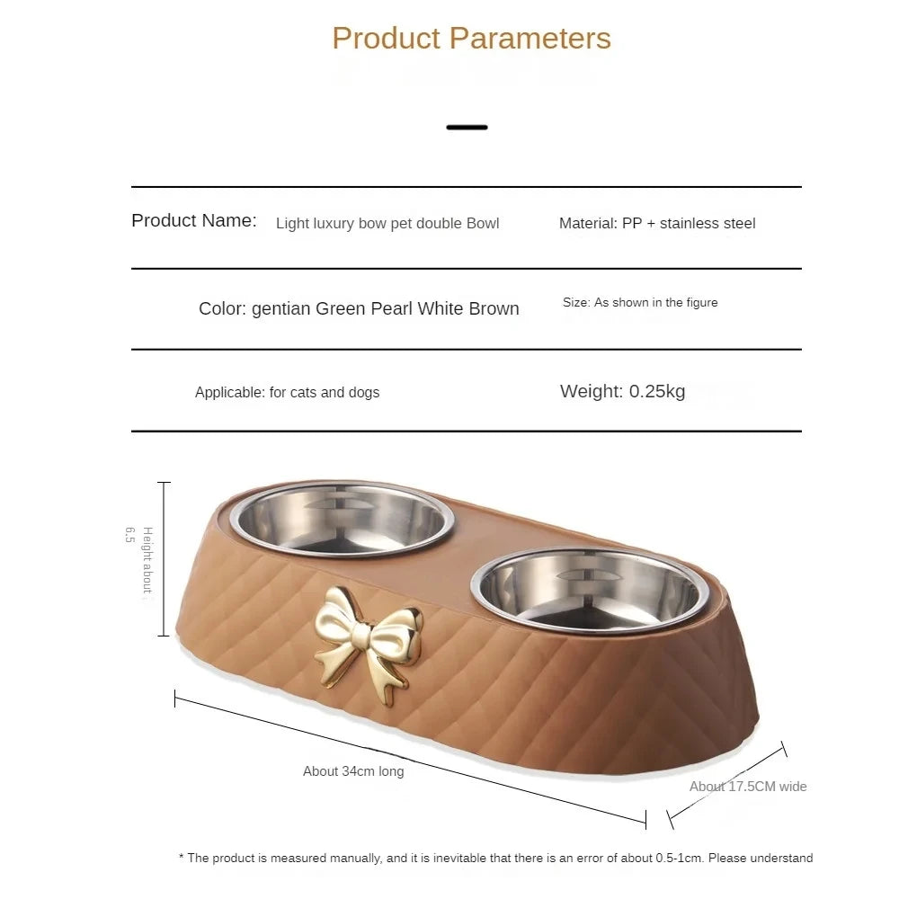 Stainless Steel Double Pet Feeding Bowl with Bowknot PP Base