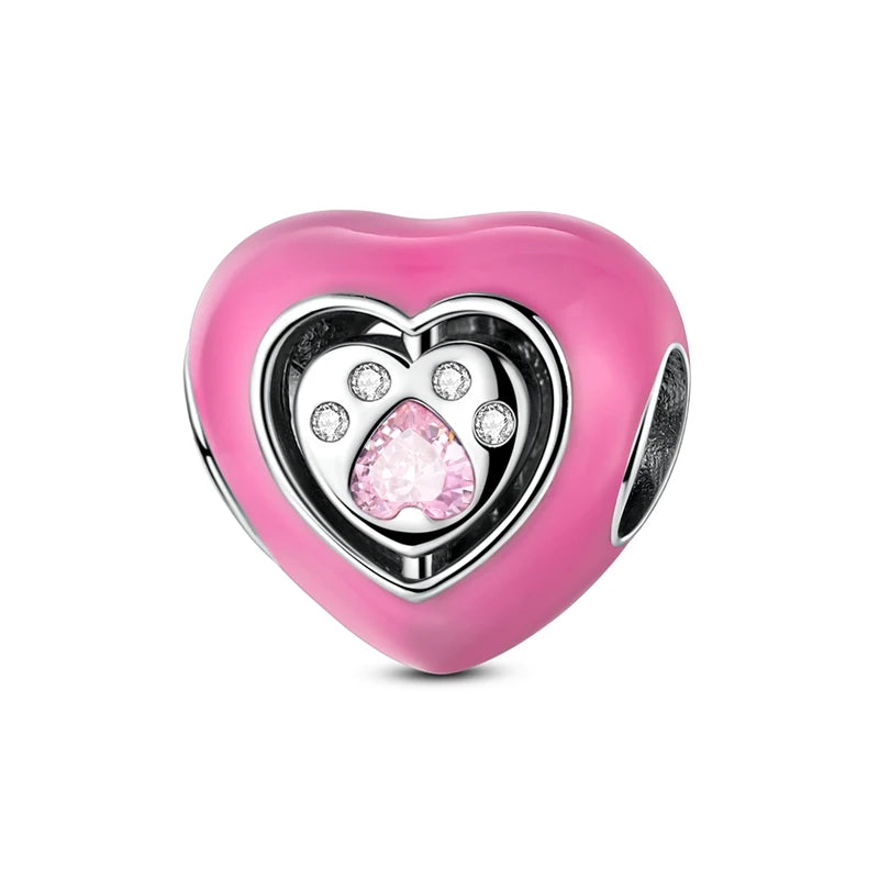 925 Silver Pink Zircon Heart Dog Claw Charm for Bracelets