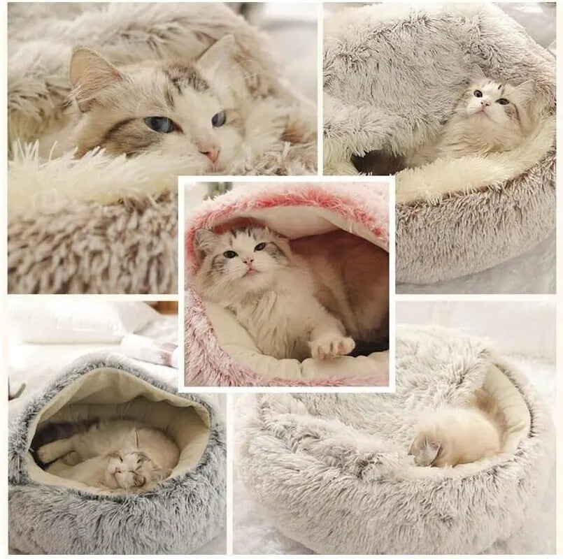 2-in-1 Round Plush Covered Pet Bed and Cave Nest