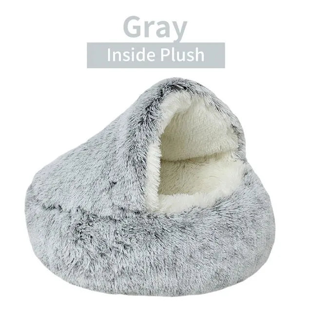2-in-1 Round Plush Covered Pet Bed and Cave Nest