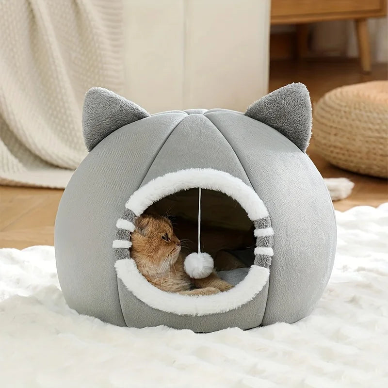 Cozy Plush Cat Cave Bed with Soft Mat