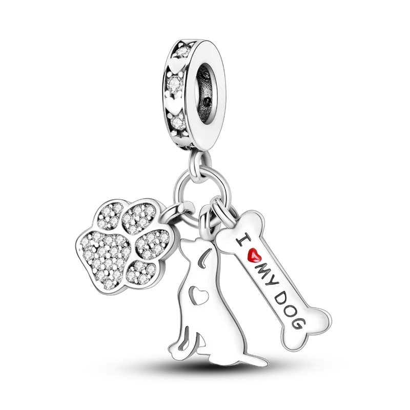 925 Silver Pink Zircon Heart Dog Claw Charm for Bracelets