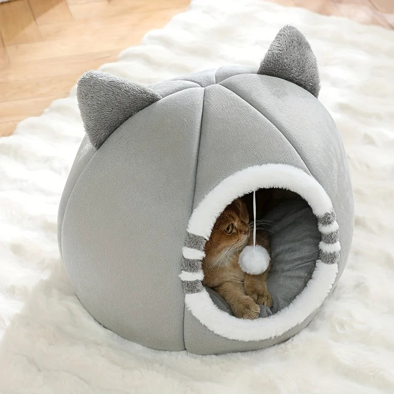 Cozy Plush Cat Cave Bed with Soft Mat