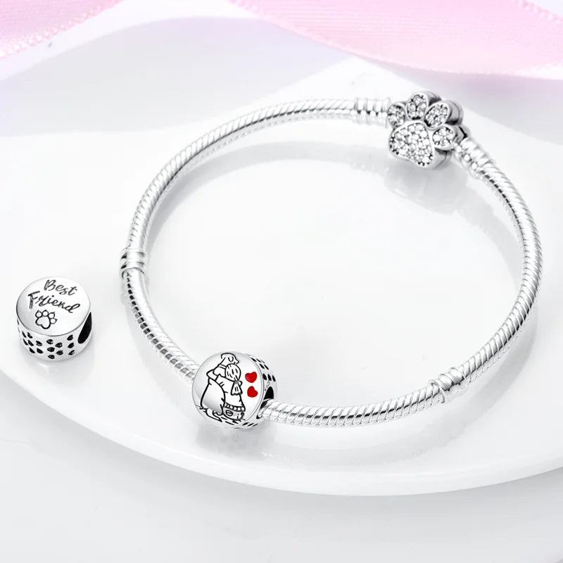 925 Silver Pink Zircon Heart Dog Claw Charm for Bracelets