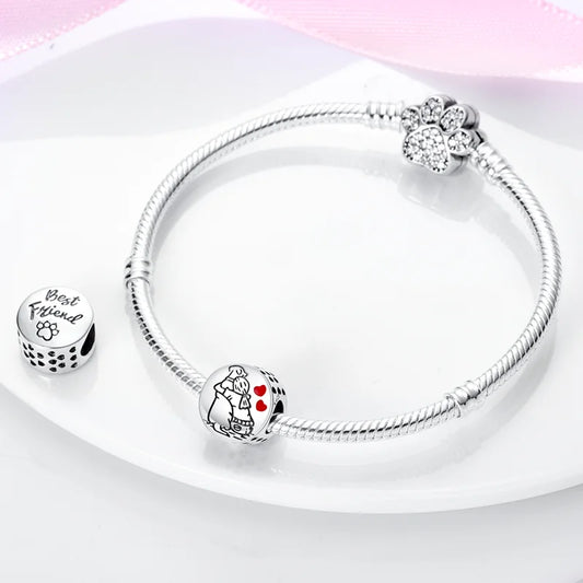 925 Silver Pink Zircon Heart Dog Claw Charm for Bracelets
