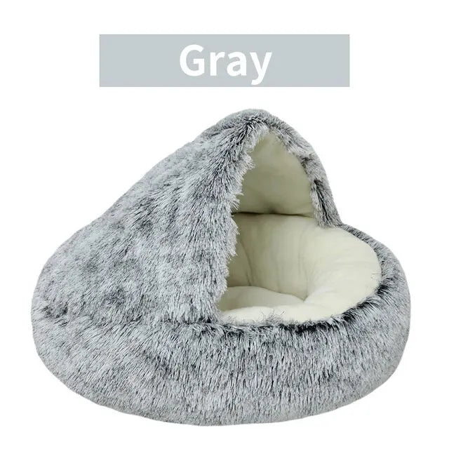2-in-1 Round Plush Covered Pet Bed and Cave Nest