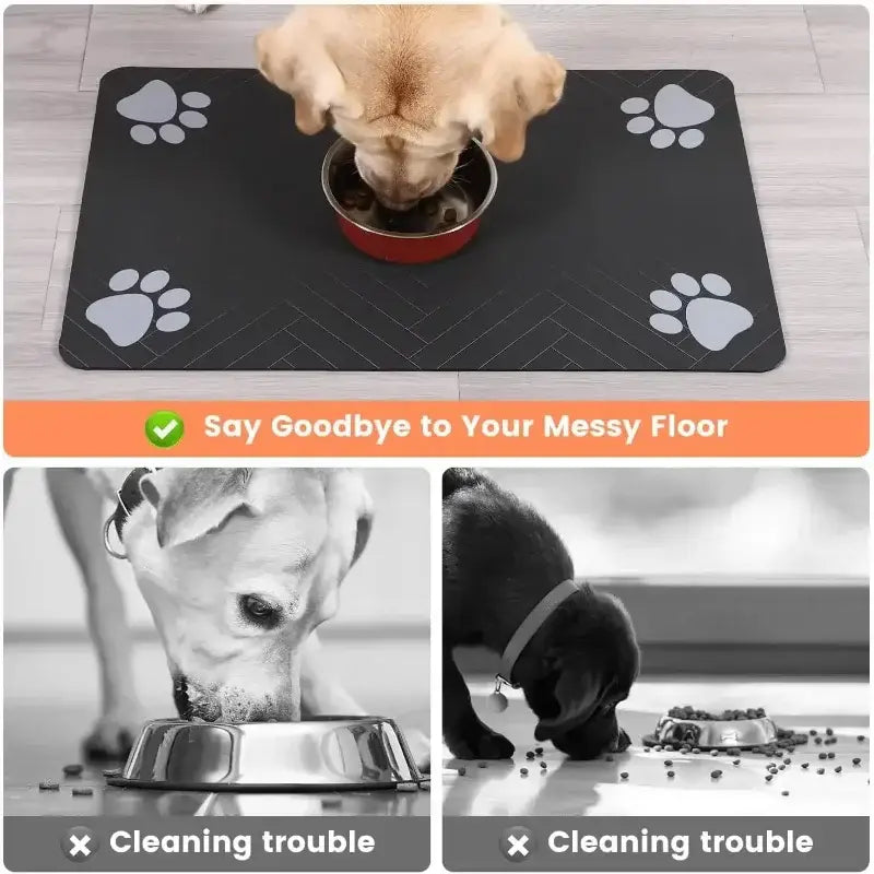 Black absorbent quick dry pet feeding mat with non-slip surface white paw print decals and subtle herringbone pattern