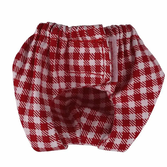 Red and white checkered absorbent squirrel diaper with elastic waistband for small pet potty training and leak proof use