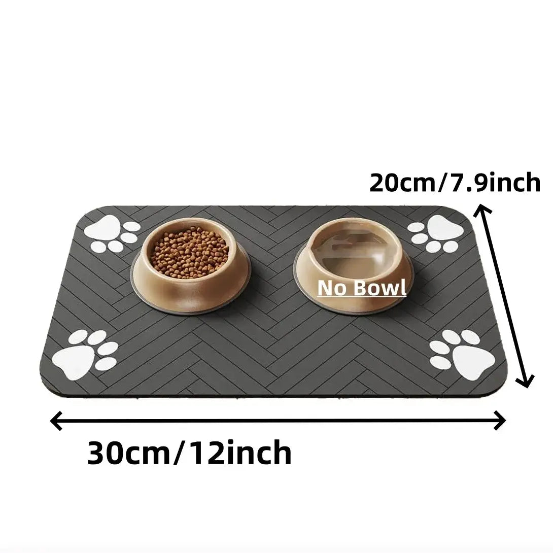 Black herringbone absorbent waterproof pet feeding mat with white paw print accents for easy cleaning