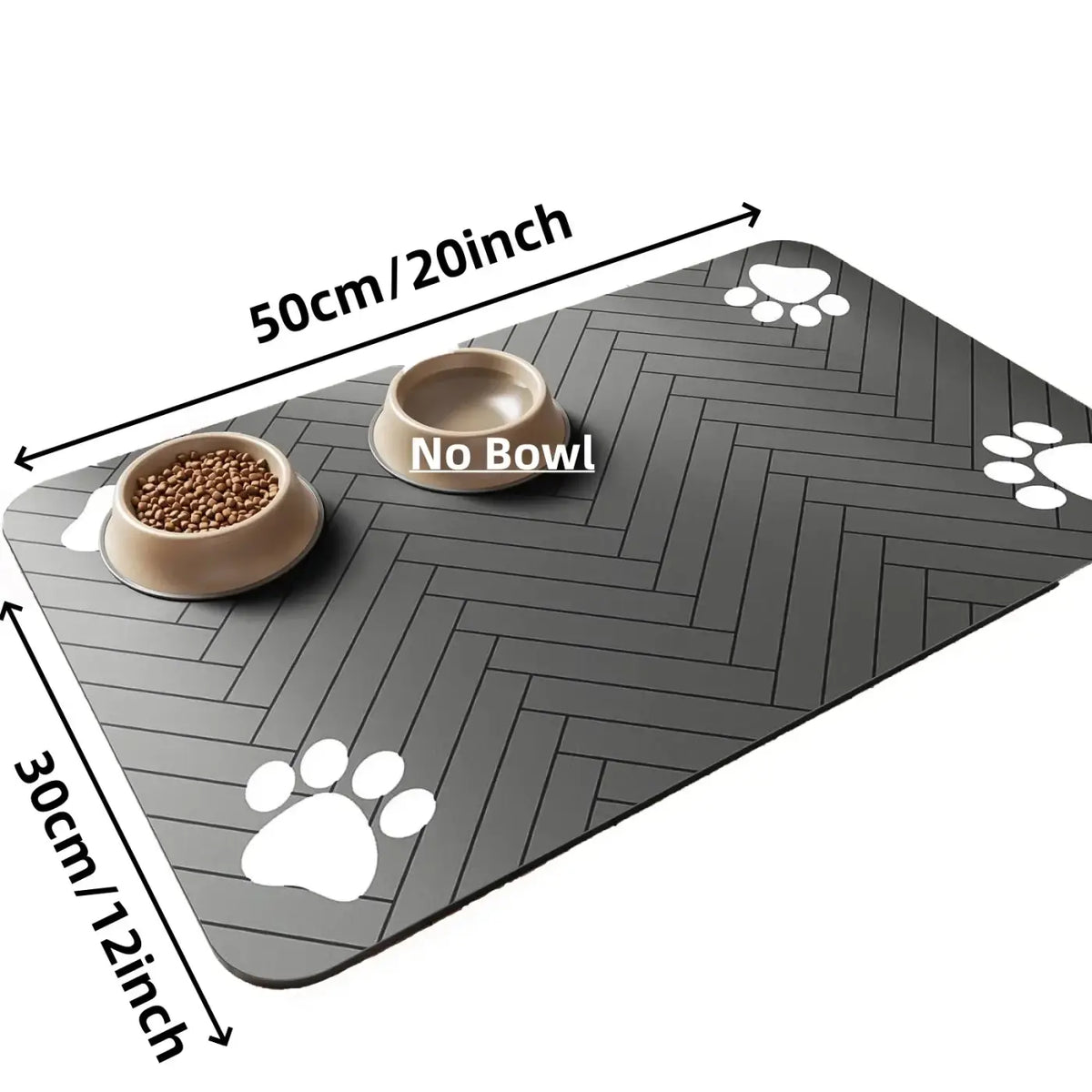 Gray herringbone-patterned absorbent waterproof pet feeding mat with white paw print decals for easy cleanup
