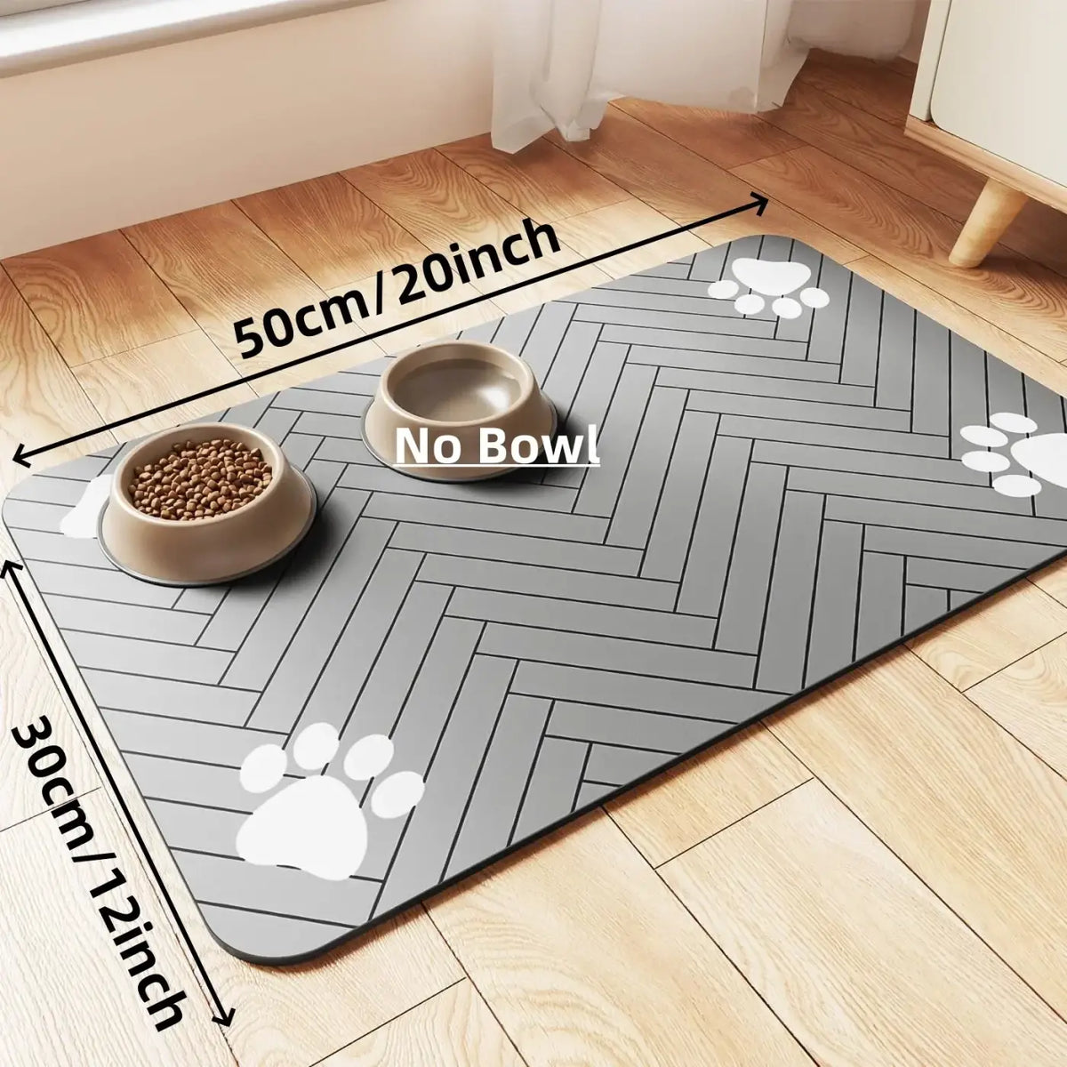 Gray herringbone-patterned absorbent waterproof pet feeding mat with white paw print decals for easy cleaning