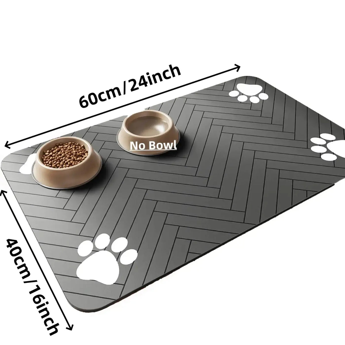 Gray herringbone absorbent waterproof pet feeding mat with white paw print decals for easy feeding cleanup
