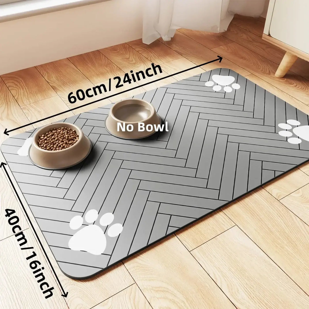Gray herringbone-patterned absorbent waterproof pet feeding mat with white paw print decals for easy cleaning