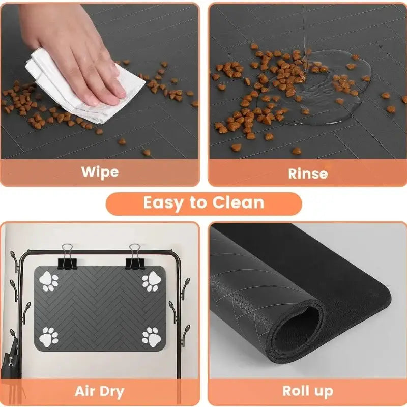 Black absorbent waterproof pet feeding mat with non-slip textured surface and white paw print decals