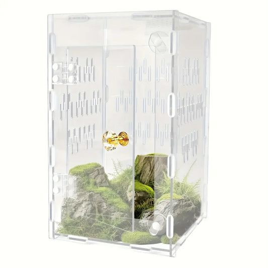 Clear acrylic transparent breeding box with gold knob and vertical slits containing moss and greenery for reptiles and quail