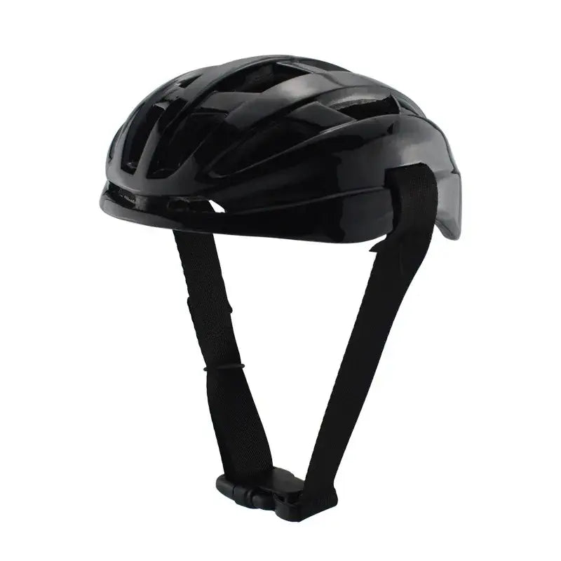 Black glossy breathable pet motorcycle and cycling helmet with integrated visor and adjustable straps