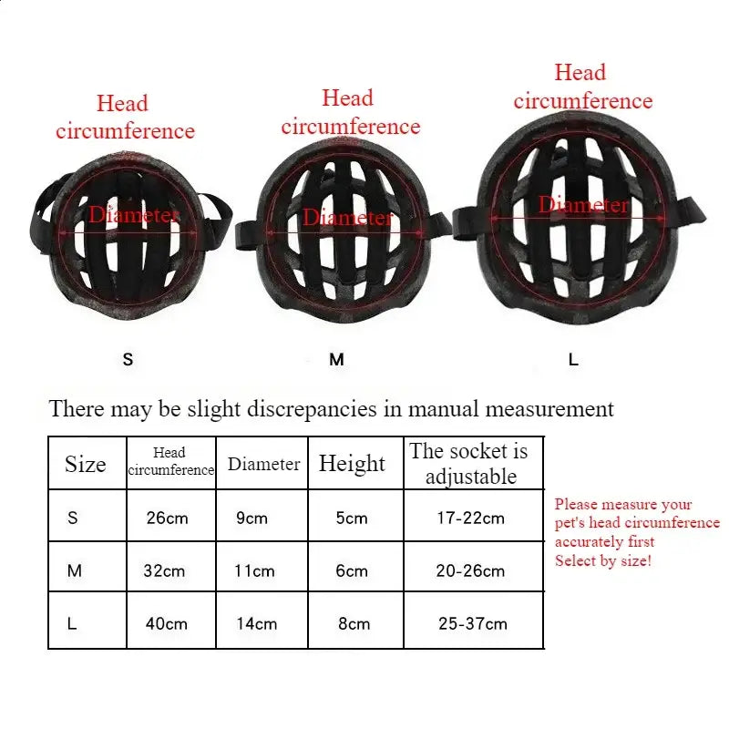 Adjustable breathable black mesh pet motorcycle and cycling helmet with adjustable strap and s m l size chart displayed