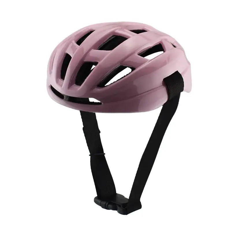 A sleek matte pink adjustable breathable pet motorcycle and cycling helmet with black straps and aerodynamic design