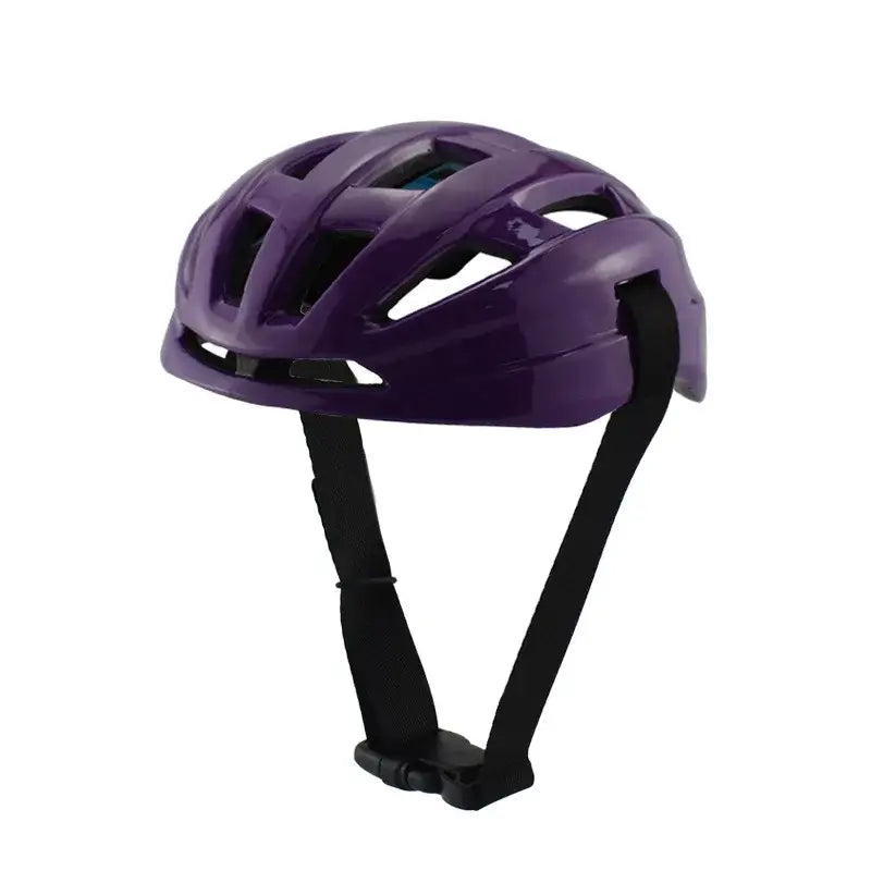 Adjustable breathable purple pet motorcycle and cycling helmet with black straps and a glossy finish
