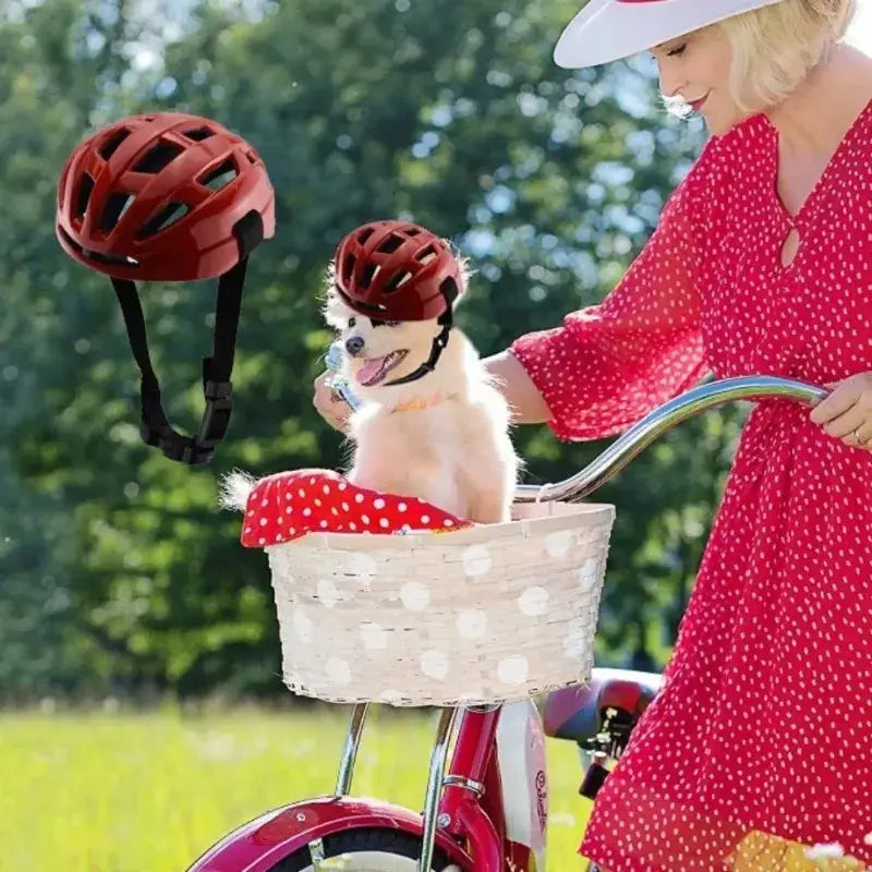 Adjustable breathable red pet motorcycle and cycling helmet with black straps for safety and comfort