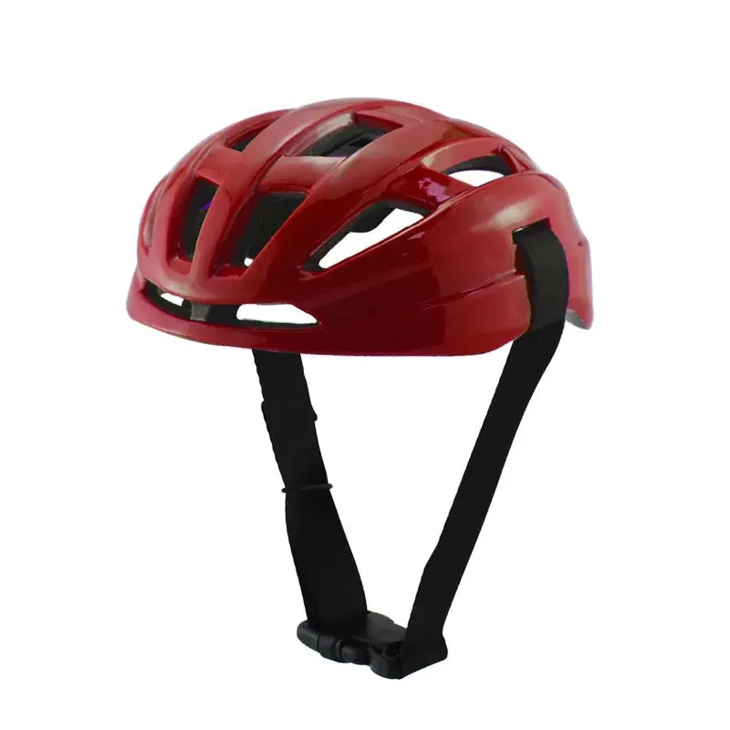 Adjustable breathable red glossy pet motorcycle and cycling helmet with black straps and ventilation slots