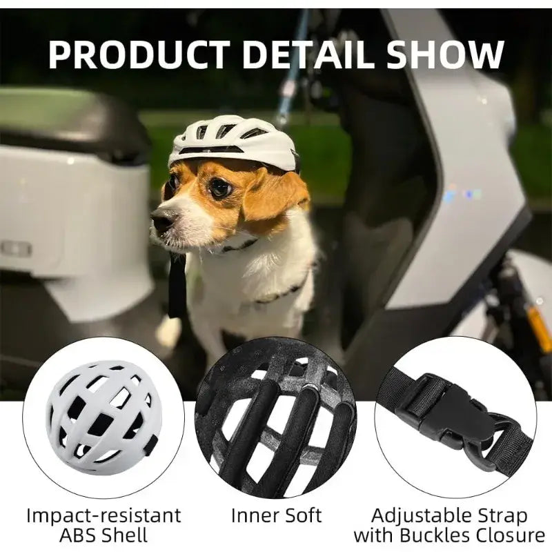 Adjustable breathable pet motorcycle and cycling helmet with white abs impact-resistant shell and black soft inner lining