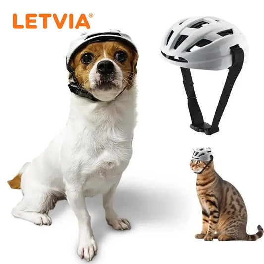 White letvia adjustable breathable pet motorcycle and cycling helmet with black straps and ventilation slots
