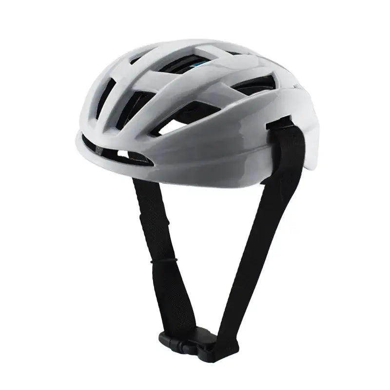 Adjustable breathable white pet motorcycle and cycling helmet with black straps and ventilation slots
